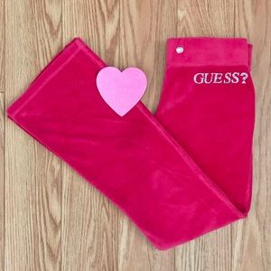 Guess Velvet Hot Pink Flare Sweatpants Jewel Logo